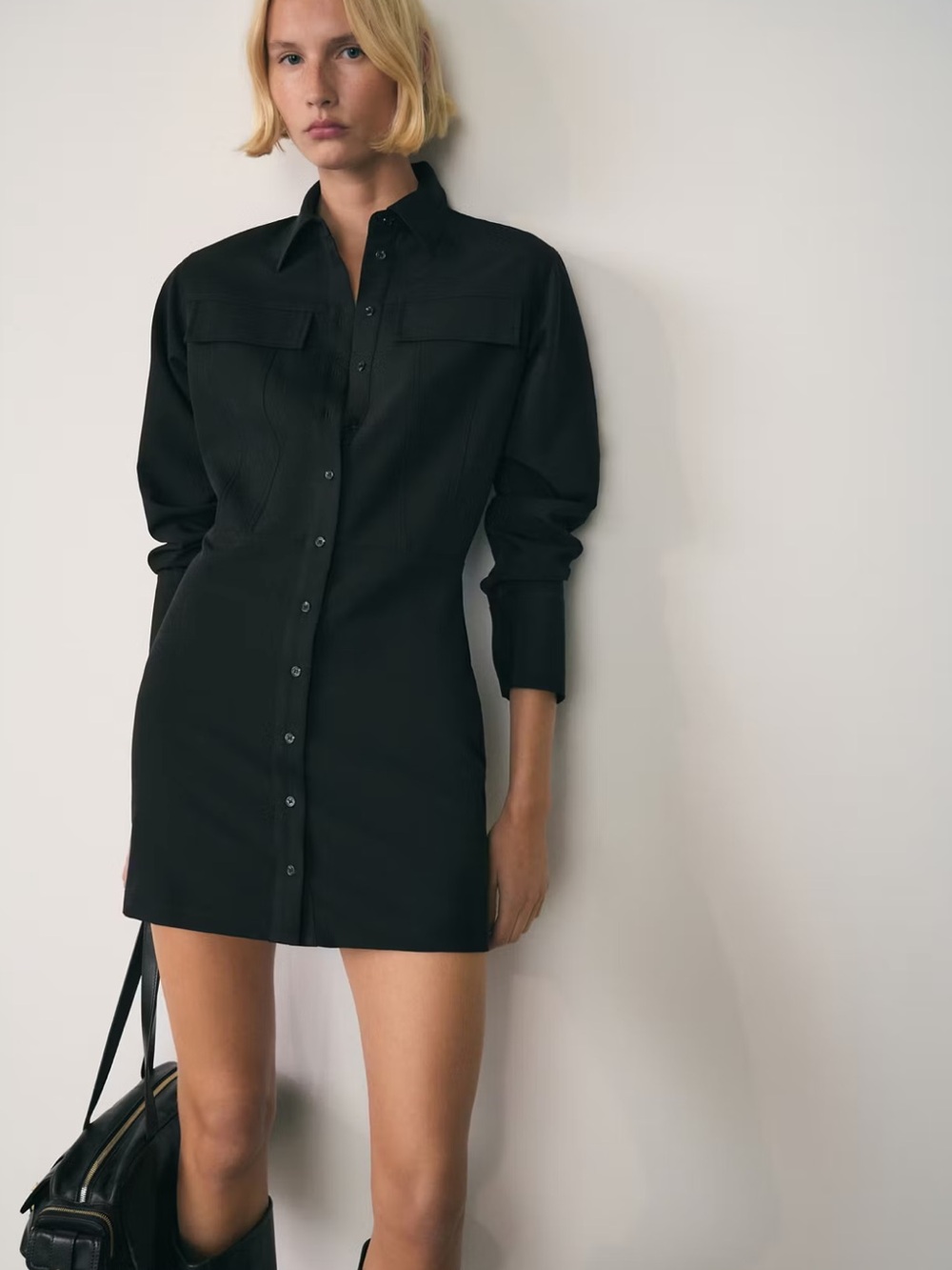 Mango Black Button-shirt denim oversized Front Shirt mini Dress